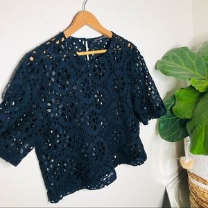 Zara Short Sleeved Black Eyelet Cropped Blouse Sz L